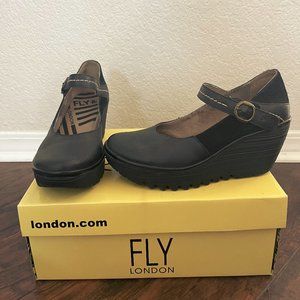 Fly LondonYuko Black leather Wedges Mary Jane Size 36